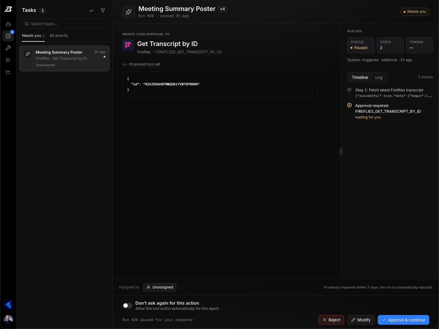 Boring AI — a run paused for approval in the shared task inbox, showing the proposed tool call with Reject, Modify, and Approve & continue actions