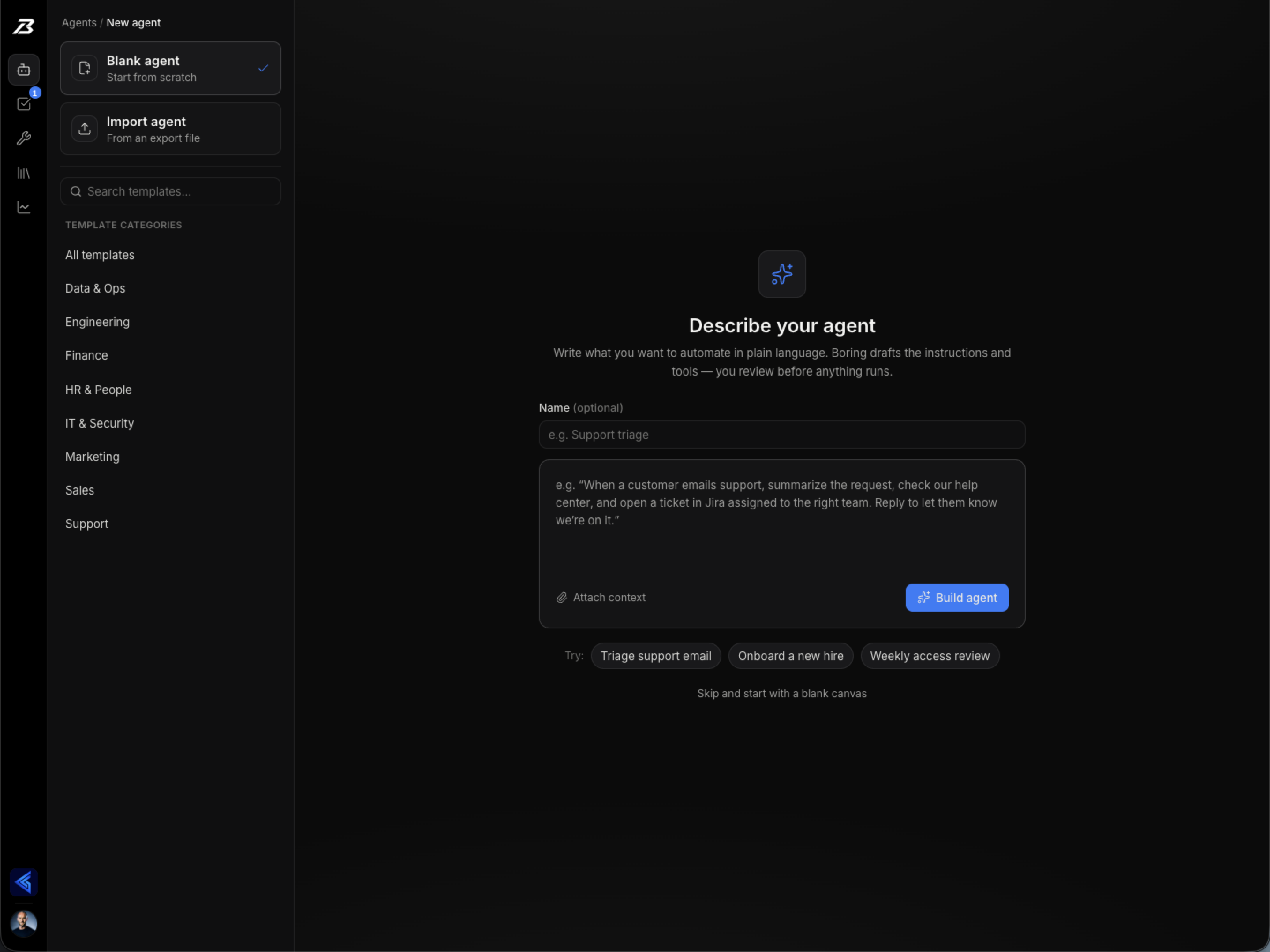 Boring AI — the new agent wizard, where the work is described in plain language before Boring drafts the instructions and tools