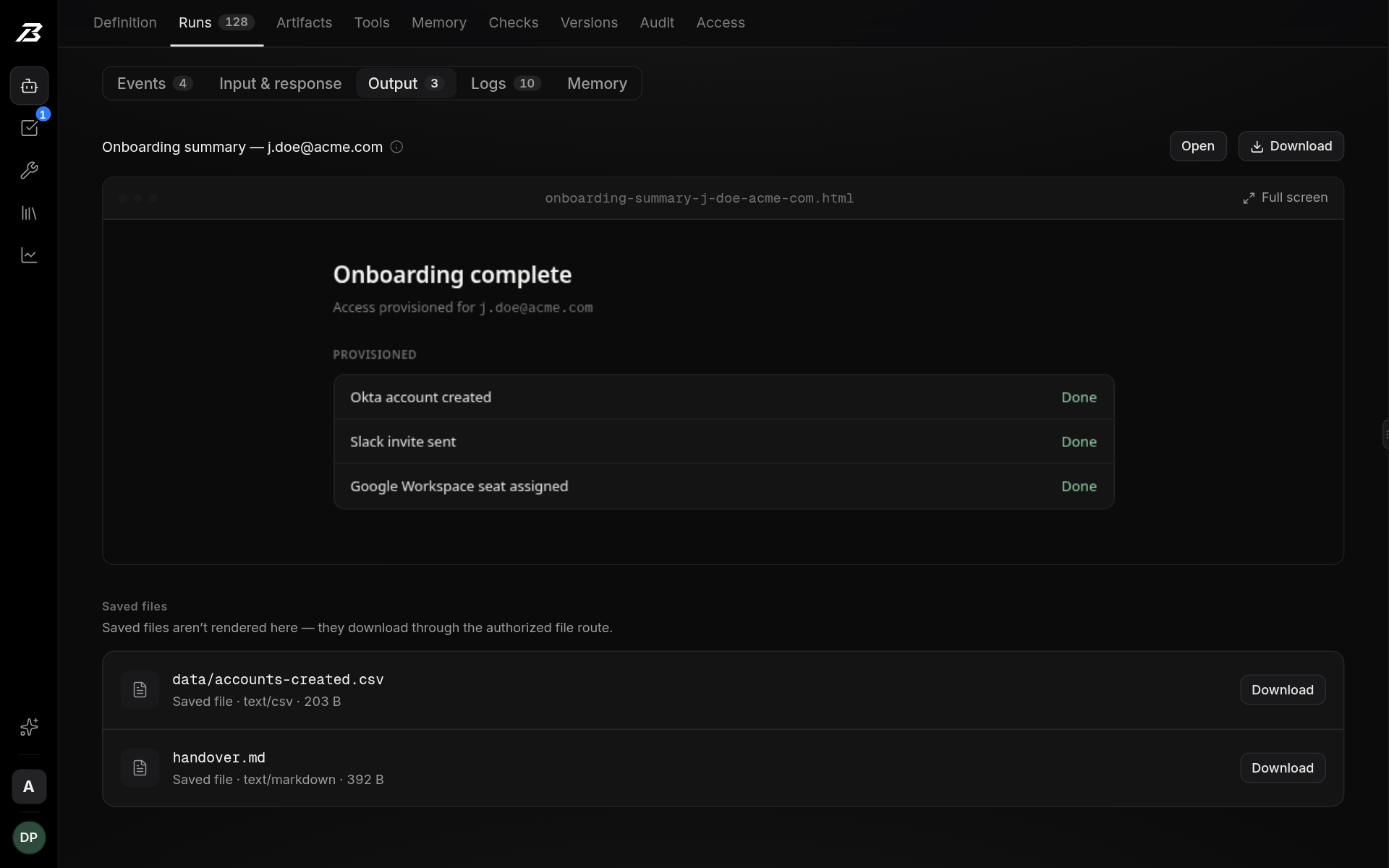 The onboarding run output with a summary of provisioned accounts and saved files available to download inside the workspace.