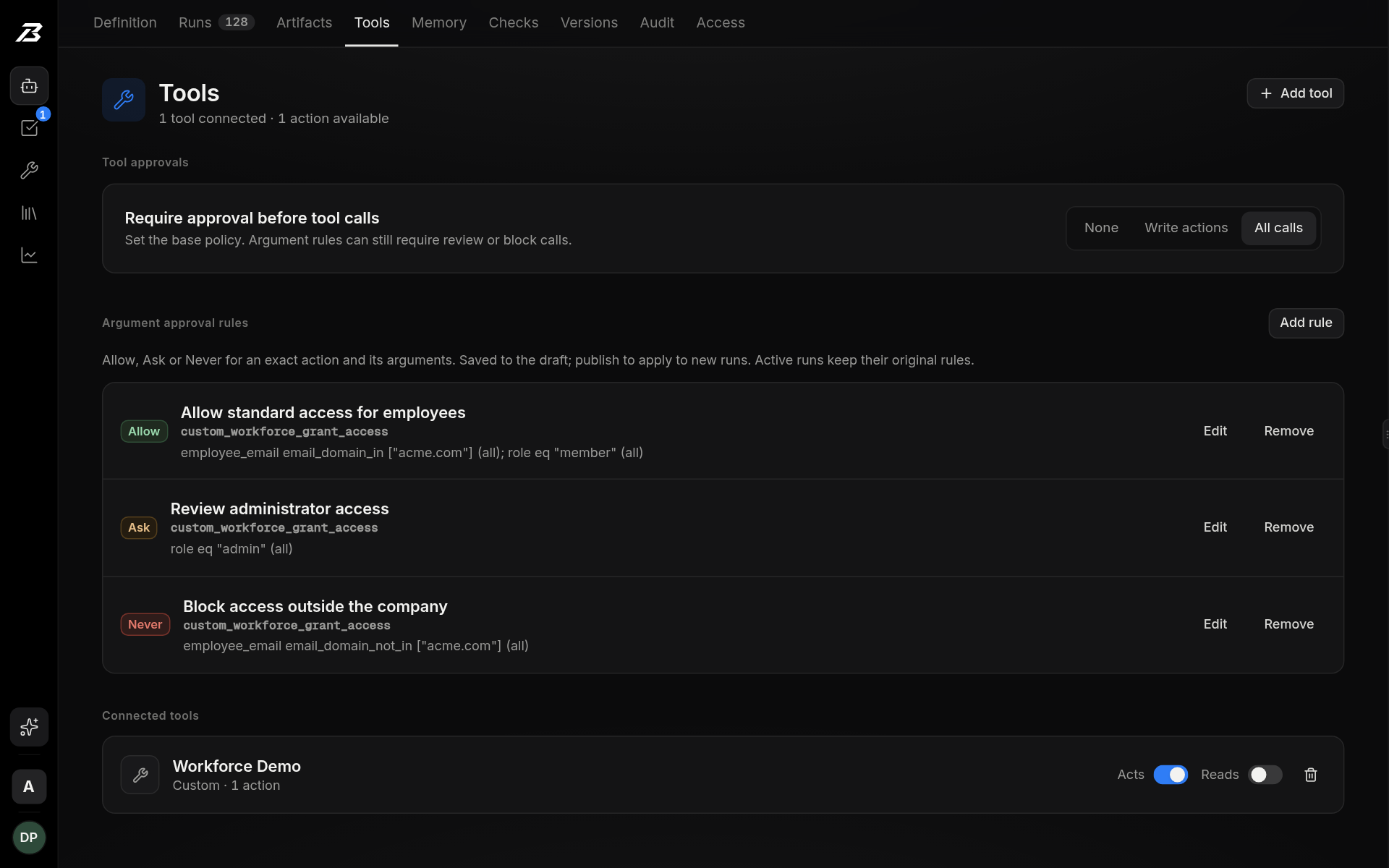 The agent’s full Tools screen with workspace and agent navigation, Allow, Ask, and Never argument rules, and the Workforce Demo tool’s action grants.